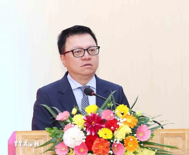 Ông Lê Quốc Minh, Ủy viên Trung ương Đảng, Phó Trưởng ban Tuyên giáo và Dân vận Trung ương, Chủ tịch Hội Nhà báo Việt Nam, Tổng Biên tập Báo Nhân dân phát biểu.