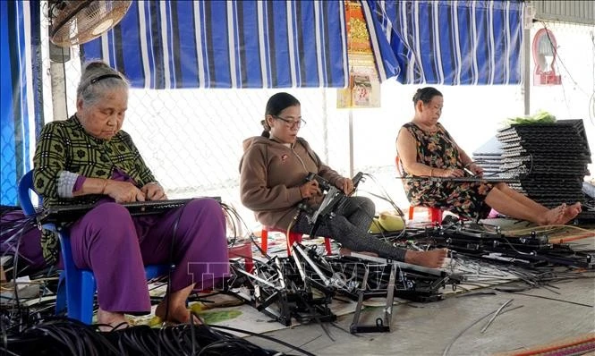 Người cao tuổi gia công sản phẩm mây đan xuất khẩu.