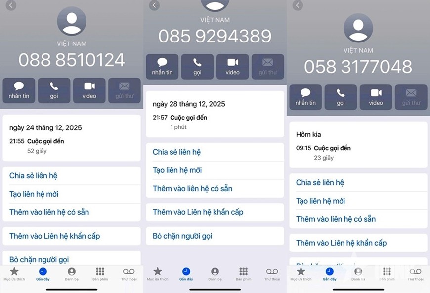 Các số điện thoại có dấu hiệu lừa đảo gọi cho anh Trần Văn Toàn.