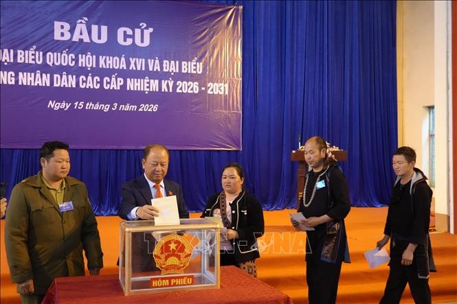 Đồng chí Sùng A Lềnh, Phó Trưởng đoàn đại biểu Quốc hội tỉnh Lào Cai bỏ phiếu bầu tại điểm bầu cử 15, phường Sa Pa.