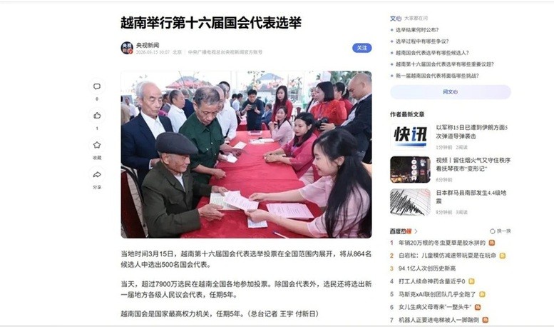 Trang mạng Đài truyền hình Trung ương Trung Quốc (CCTV) đưa tin ngày 15/3, cử tri trên khắp Việt Nam đã đi bỏ phiếu bầu đại biểu Quốc hội khóa XVI