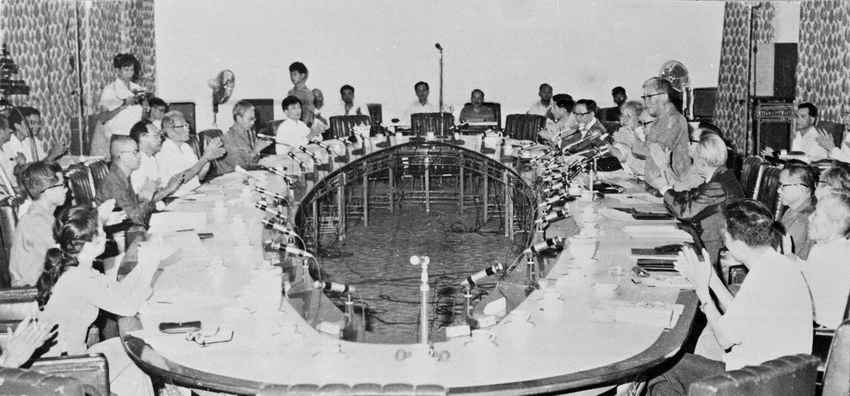 Hội đồng bầu cử Quốc hội thống nhất miền Nam họp lần thứ nhất tại Sài Gòn (từ 2/7/1976 được đổi tên là TP Hồ Chí Minh), ngày 3/3/1976. (Ảnh: TTXVN)