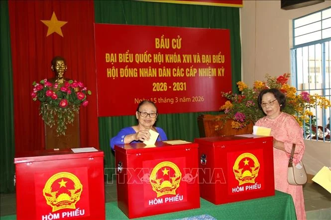 Cử tri cao tuổi tại Lâm Đồng nô nức, phấn khởi thực hiện bỏ phiếu bầu cử. Ảnh: Nguyễn Thanh/TTXVN