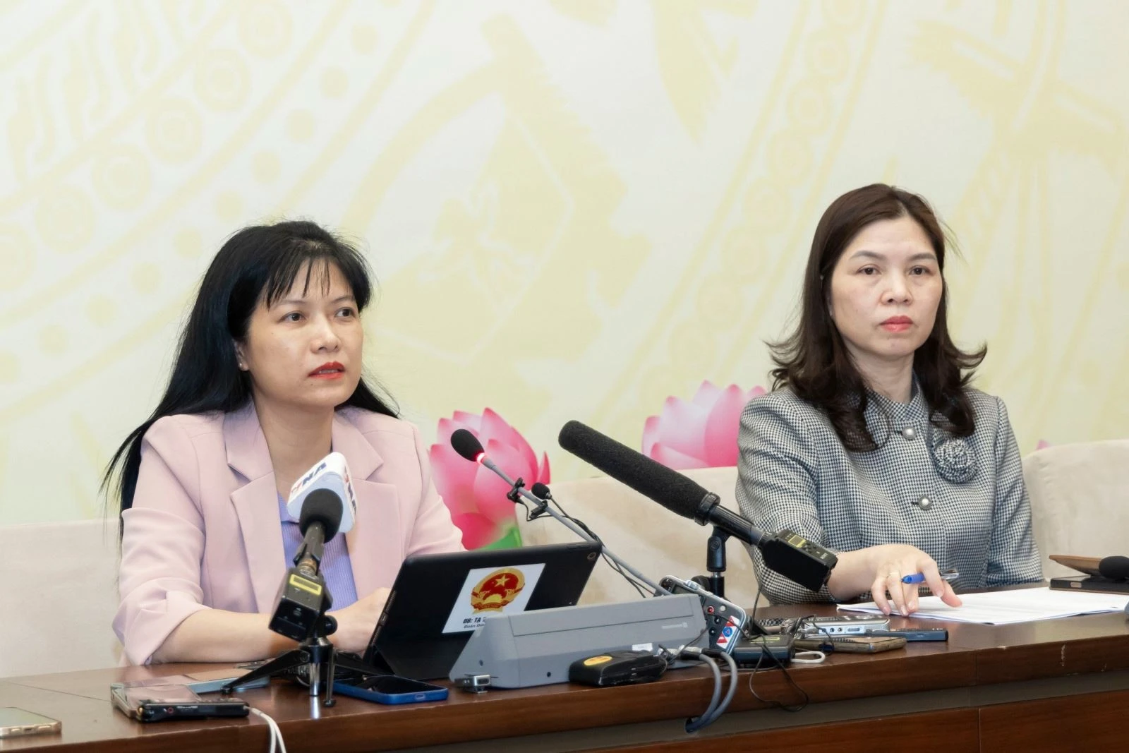 Phó Chủ nhiệm Uỷ ban Công tác đại biểu, Phó Chánh văn phòng Thường trực Hội đồng Bầu cử quốc gia Tạ Thị Yên (bên trái ảnh) cung cấp thông tin tới báo chí chiều 15/3.