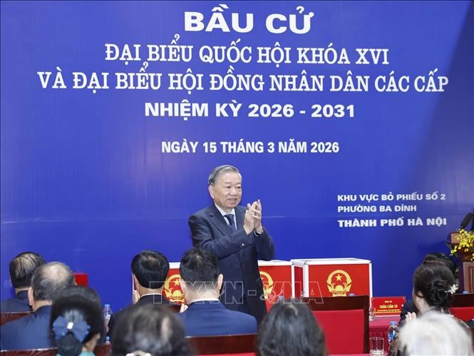 Tổng Bí thư Tô Lâm dự lễ khai mạc và bỏ phiếu bầu cử tại Khu vực bỏ phiếu số 02 phường Ba Đình, thành phố Hà Nội.