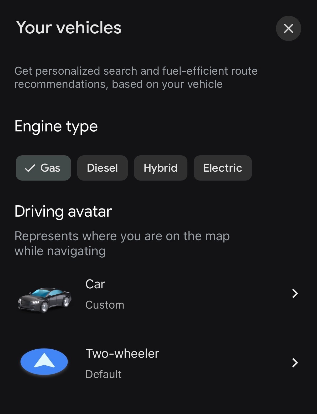 Chọn đúng loại xe trong ứng dụng Google Maps giúp việc chỉ đường tối ưu năng lượng tiêu thụ hơn.