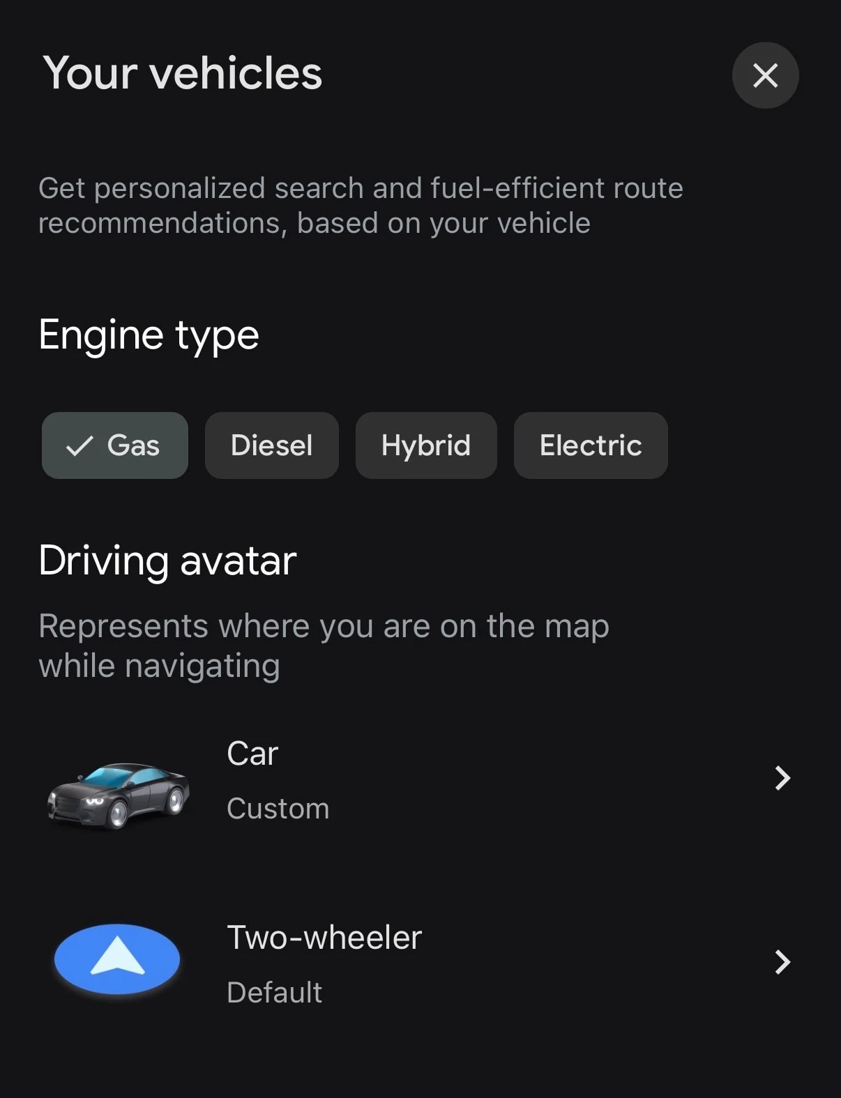 Chọn đúng loại xe trong ứng dụng Google Maps giúp việc chỉ đường tối ưu năng lượng tiêu thụ hơn.