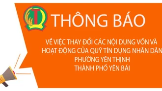 Thông báo về việc thay đổi các nội dung vốn và hoạt động của Quỹ tín dụng nhân dân phường Yên Thịnh, thành phố Yên Bái