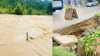 Mưa lớn đã làm sạt lở đường Yên Bái - Khe Sang đoạn Km 53 + 350 thuộc xã An Bình (Văn Yên).