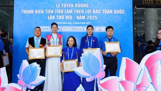 Trần Thị Mai Anh (giữa) cùng các đại biểu tỉnh Yên Bái tại Lễ Tuyên dương Thanh niên tiên tiến làm theo lời Bác toàn quốc lần thứ VIII - năm 2025.