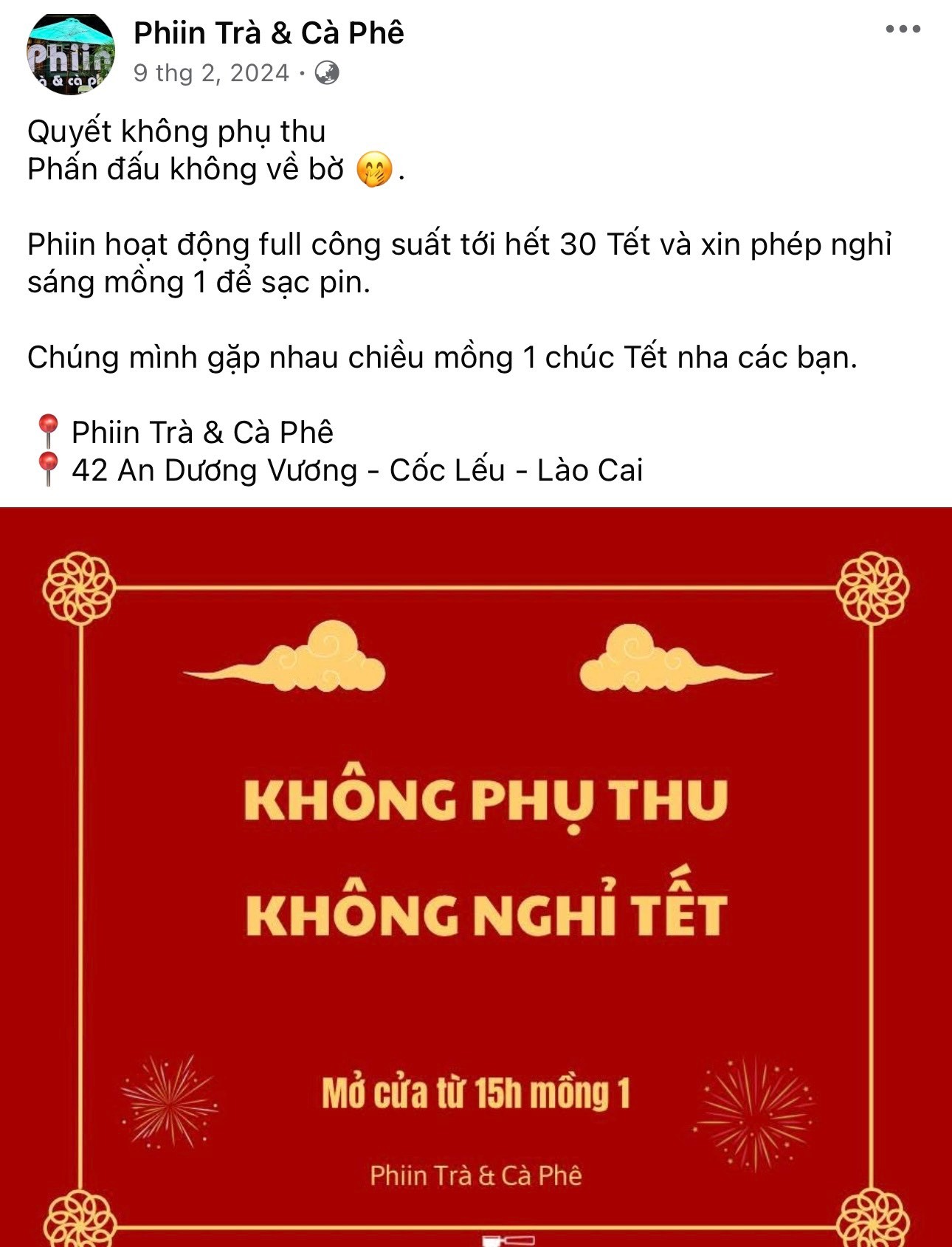 Một quán cà phê thông báo "Không phụ thu, không nghỉ tết". z6274982319964-bfeee1b3d7f733c23df7b3a9084c678f.jpg