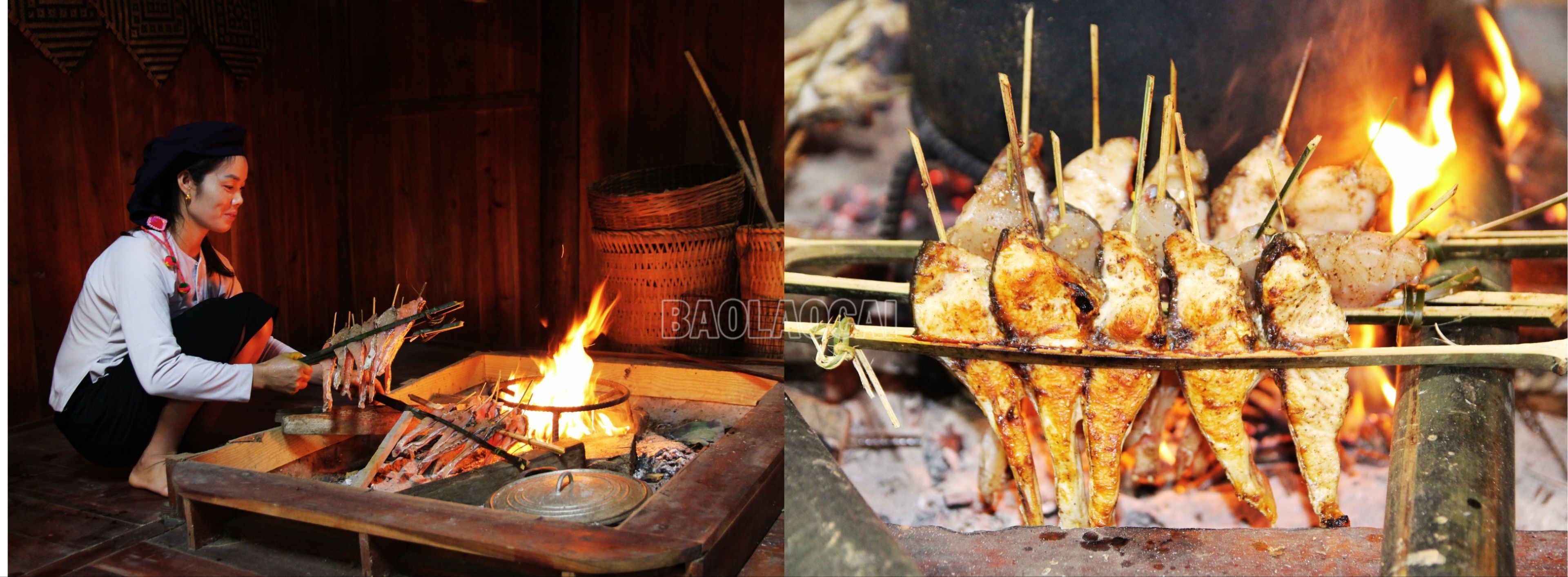 Cá nướng hai lửa là món ngon khó quên trong mâm cơm của đồng bào Tày. Để có những mẻ cá nướng thơm ngon, đồng bào Tày xã Nghĩa Đô thường chọn nguyên liệu là cá tự nhiên từ sông, suối, ao. Đó là các loại cá chép, cá trôi, cá trắm với trọng lượng từ 1,5 kg trở lên. Khi bắt về, cá được mổ, làm sạch vảy, xẻ đôi mình rồi thái ngang thớ tạo ra những miếng dày chừng 5 - 7 cm, dài chừng 15 - 20 cm. Sau khi thái khúc, cá để ráo nước, sau đó mới trộn gia vị. Gia vị để ướp cá gồm hạt mắc khén, hạt dổi, muối, lá gừng, củ sả, các loại lá rau thơm trong vườn nhà. Tất cả được giã nhuyễn rồi ướp với miếng cá chừng 20 phút cho gia vị ngấm đều. Dùng que tre nhỏ, vót nhọn một đầu xiên dọc miếng cá để tạo bề mặt thẳng cho miếng cá. Sau đó dùng nẹp tre kẹp các xiên cá thành một kẹp cá lớn để nướng. Điểm khác biệt ở món ăn này so với các món cá nướng khác là nướng hai lần lửa. Lần thứ nhất, các kẹp cá được ghé hong cạnh bếp lửa, không quá gần, không quá nhiều than. Lần nướng thứ hai sẽ quyết định độ chín, thơm ngon của cá vì lần này cá sẽ được nướng gần bữa ăn. 6.jpg