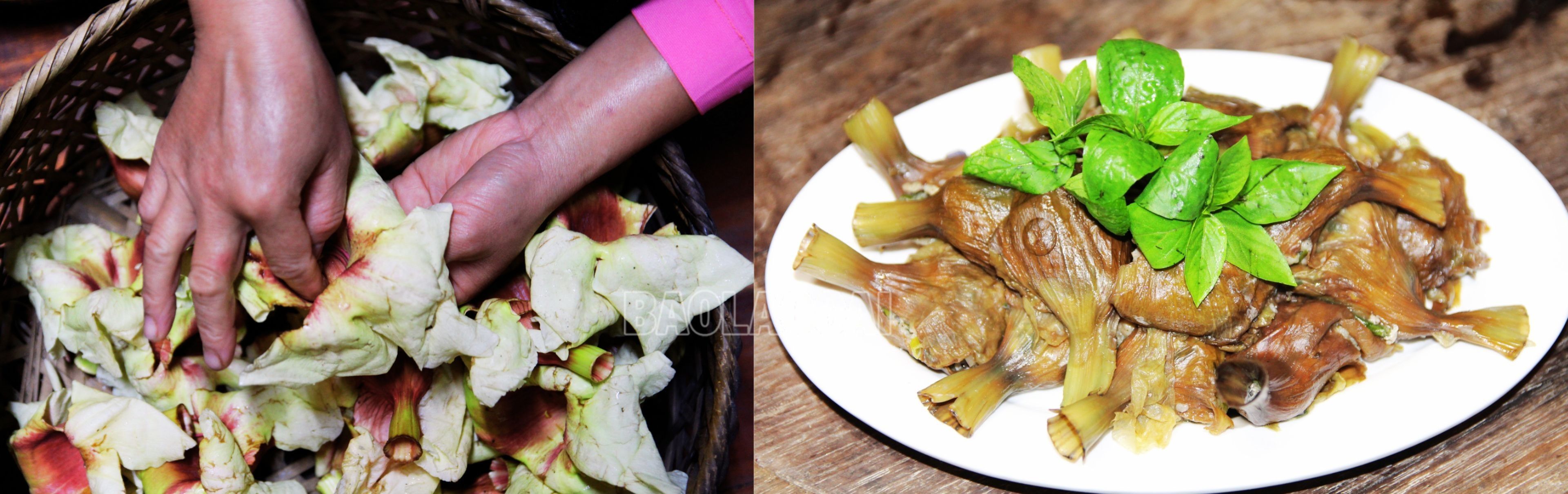 Hoa kè nhồi thịt là món ăn đặc trưng của người Tày. Hoa kè có hình như một chiếc chuông nhỏ, người Tày gọi là boóc kè, cây thân gỗ, tán rộng, lá to. Sau khi được bỏ nhụy, rửa sạch, quá trình nhồi thịt diễn ra rất nhanh và đơn giản. Khi nhồi xong, hoa được đồ chín bằng chõ khoảng 15 phút. Món ăn này có vị thơm của thịt và có vị đắng nhẹ của hoa kè. 9.jpg