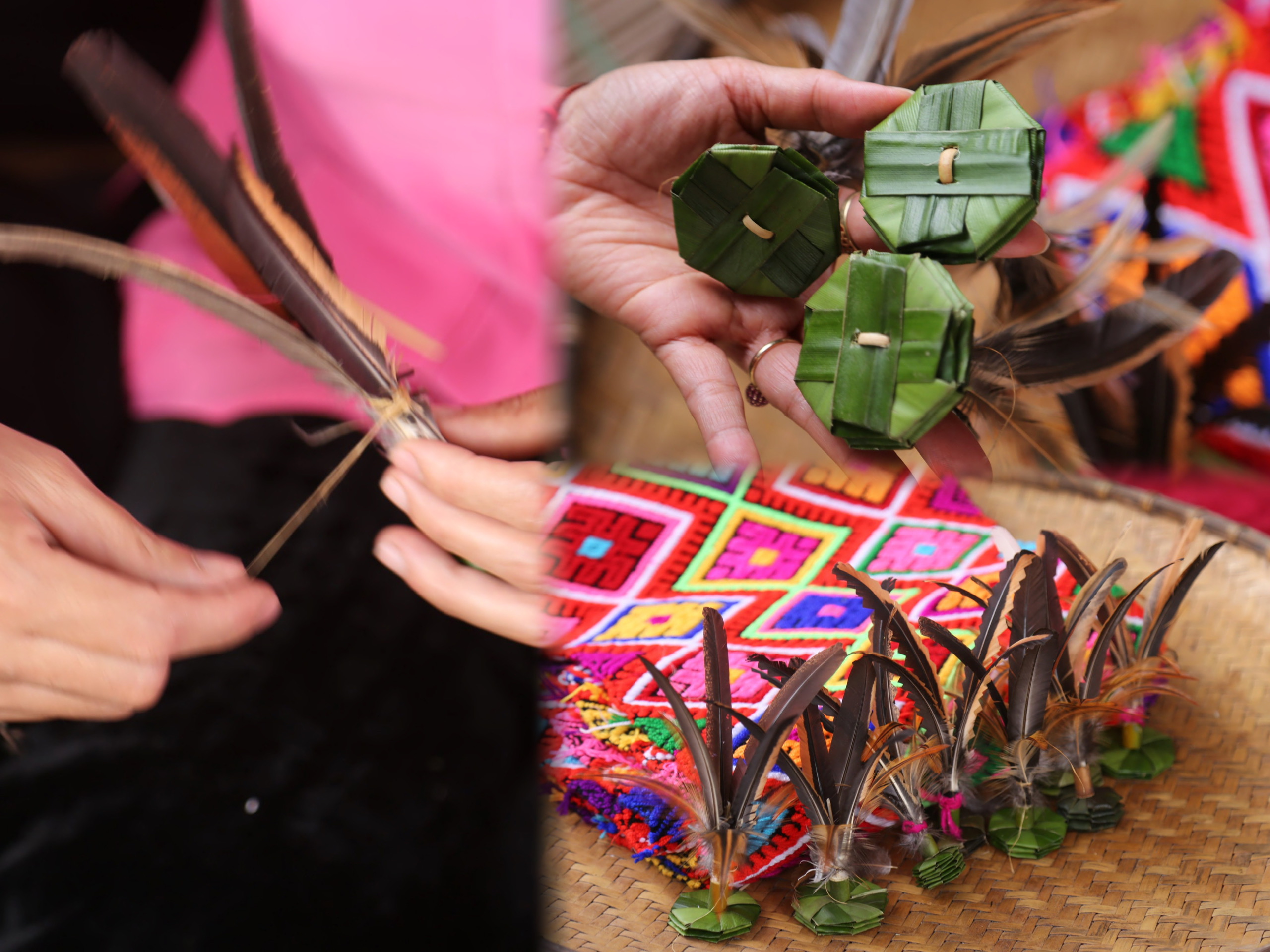 Yến gần giống quả cầu lông, giữa đế nối một ống trúc ngắn cắm vài chiếc lông gà và buộc lại bằng chỉ màu. Phụ nữ Tày nào mà khéo tay, còn tạo cho quả yến những chiếc tua rua từ sợi chỉ nhiều màu sắc, làm duyên cho quả yến thêm phần thẩm mỹ. ĐÁNH YẾN (1).jpg
