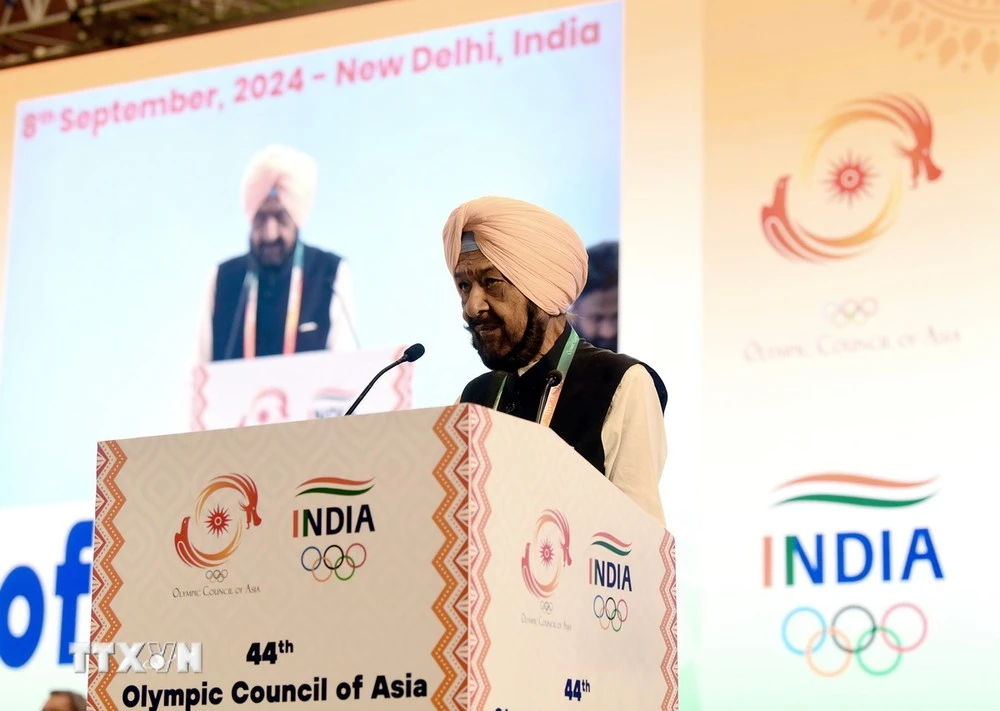 Ông Randhir Singh phát biểu sau khi được bầu làm Chủ tịch Hội đồng Olympic châu Á tại New Delhi ngày 8/9/2024.