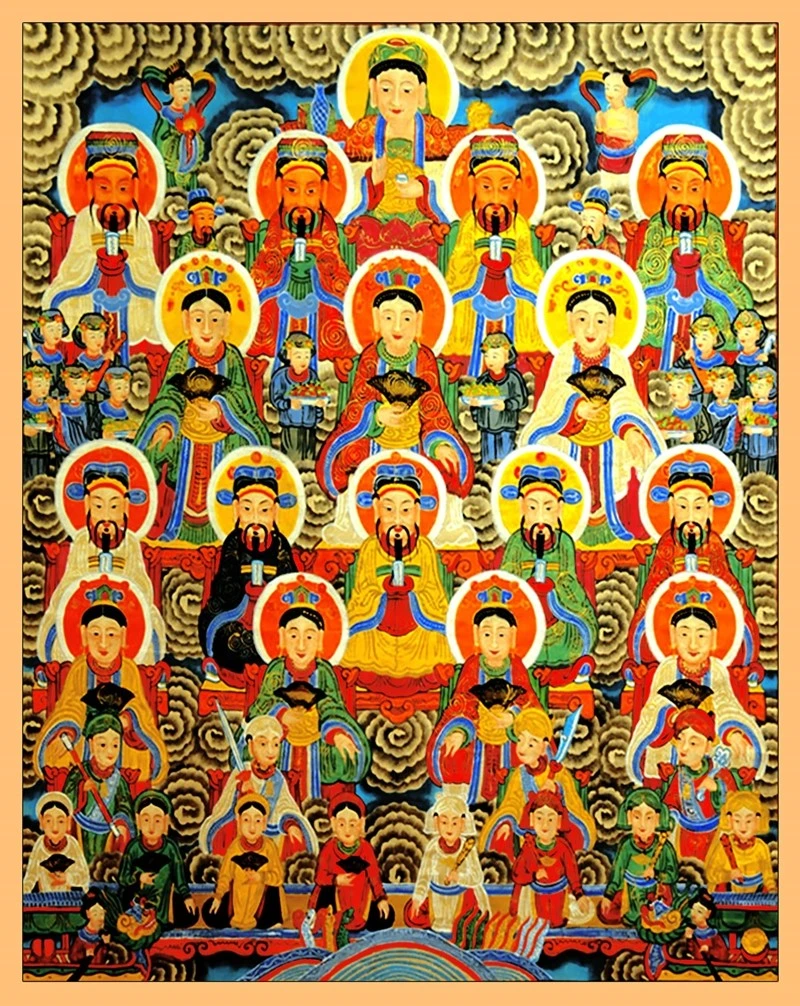 Bức tranh "Tứ Phủ Cộng Đồng" - một tuyệt tác của dòng tranh Hàng Trống in đậm màu sắc văn hóa dân gian, biểu đạt tín ngưỡng tứ phủ linh thiêng của người Việt.