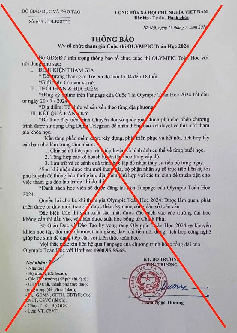 Văn bản trên mạng xã hội giả mạo Bộ Giáo dục và Đào tạo mời tham gia Olympic Toán học.