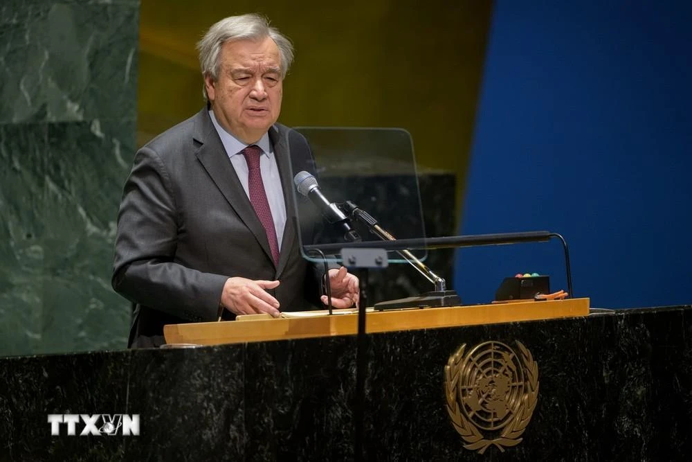 Tổng thư ký Liên hợp quốc Antonio Guterres phát biểu tại trụ sở Liên hợp quốc ở New York, Mỹ.
