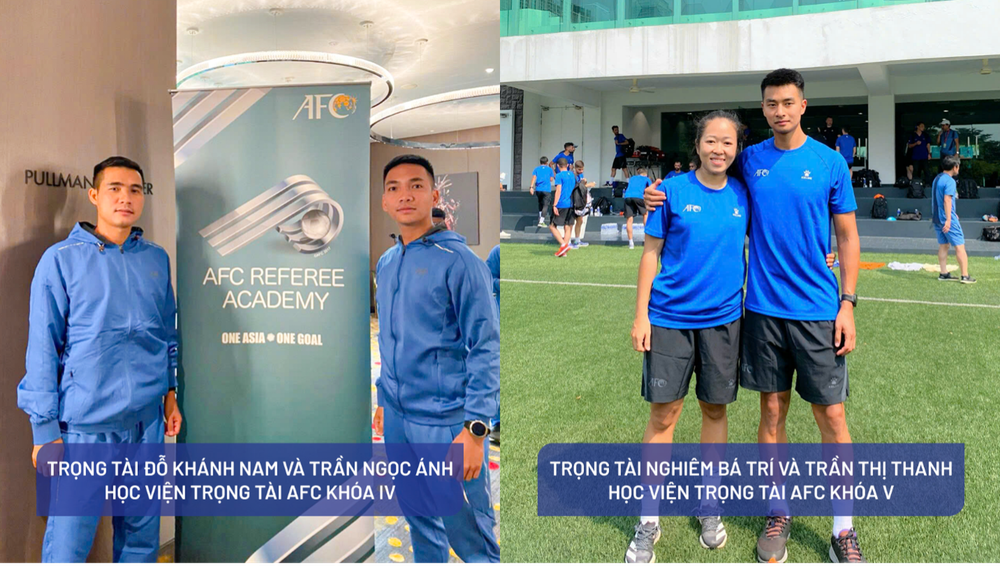 Trọng tài Đỗ Khánh Nam và Trần Ngọc Ánh học viện trọng tài AFC khóa IV (trái) và Trọng tài Nghiêm Bá Trí và Trần Thị Thanh học viện trọng tài AFC khóa V (phải). Trọng tài Đỗ Khánh Nam và Trần Ngọc Ánh học viện trọng tài AFC khóa IV (trái) và Trọng tài Nghiêm Bá Trí và Trần Thị Thanh học viện trọng tài AFC khóa V (phải).
