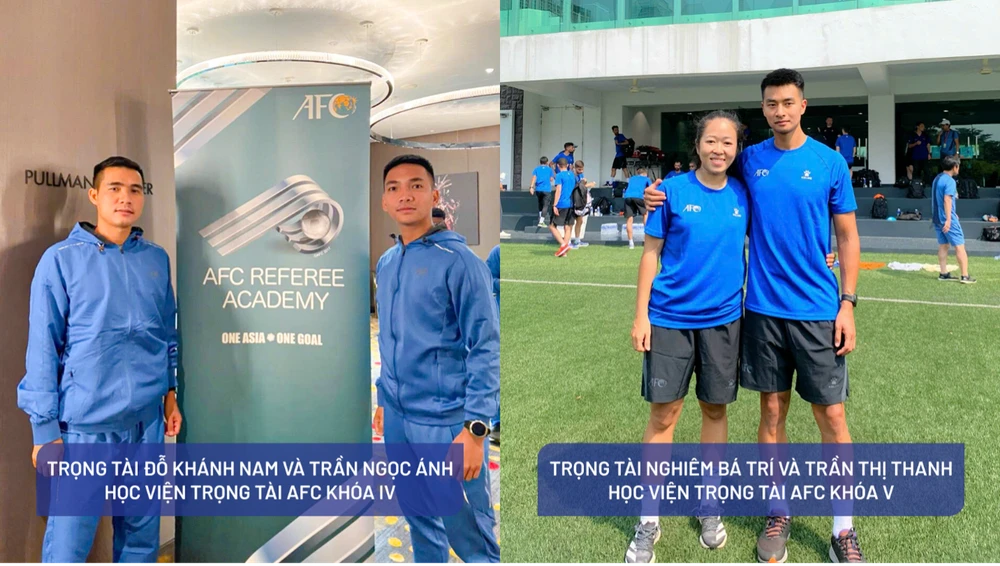 Trọng tài Đỗ Khánh Nam và Trần Ngọc Ánh học viện trọng tài AFC khóa IV (trái) và Trọng tài Nghiêm Bá Trí và Trần Thị Thanh học viện trọng tài AFC khóa V (phải).