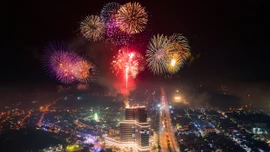 Màn bắn pháo hoa rực rỡ, lung linh sắc màu từ tòa tháp The Manor Tower.