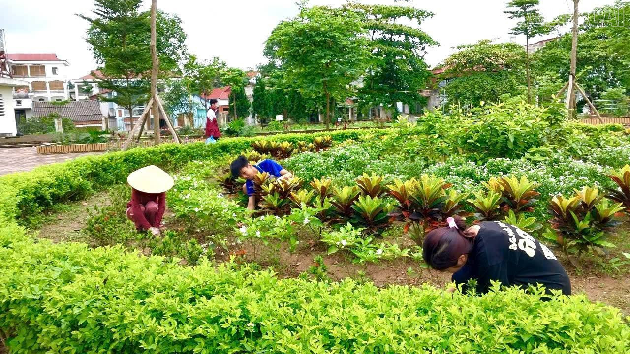 Các em học sinh chăm sóc vườn hoa. baolaocai-tr_vuon.jpg