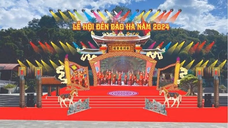 Hình ảnh sân khấu chương trình nghệ thuật chào mừng Lễ hội đền Bảo Hà năm 2024.