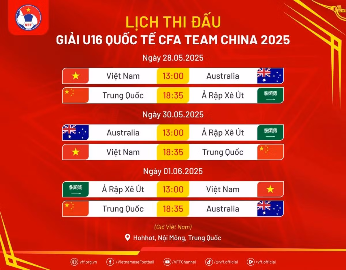 Lịch thi đấu U16 Việt Nam ở giải U16 Quốc tế 2025.