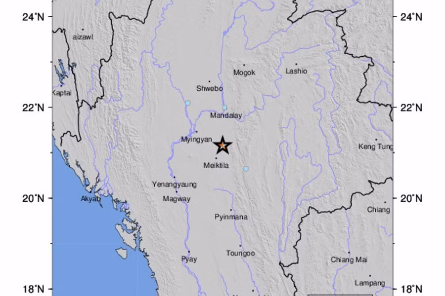 Vị trí tâm chấn tại Myanmar ngày 13/4.