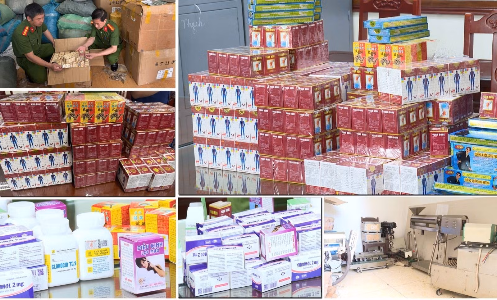 Các đối tượng sản xuất thuốc giả và tang vật bị thu giữ.