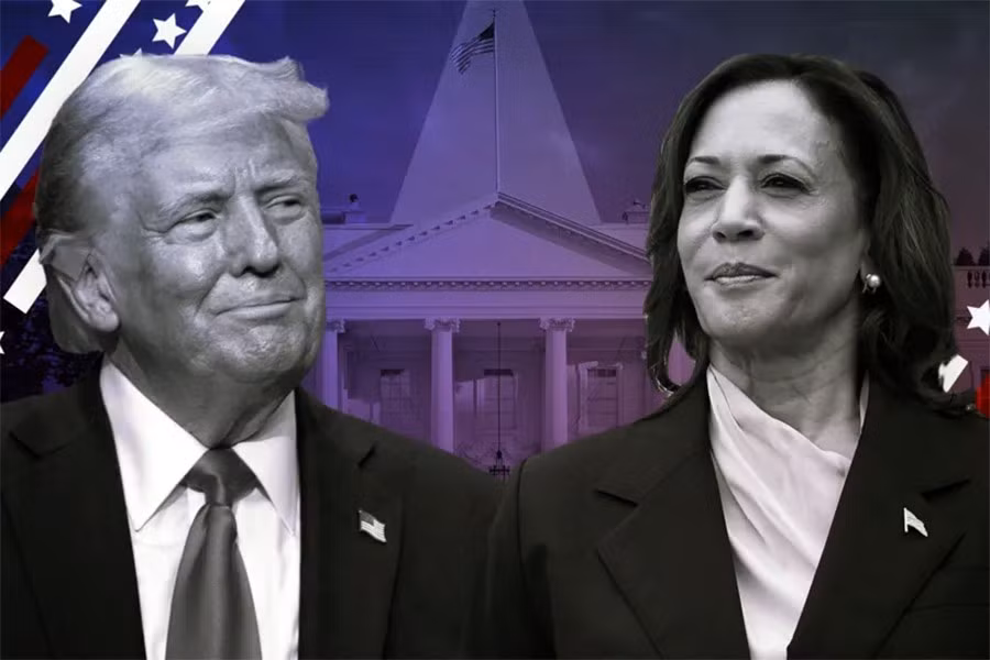 Ông Trump (trái) và bà Harris đang bám đuổi nhau rất sát về tỉ lệ tín nhiệm trước ngày bầu cử tổng thống Mỹ 2024. Ảnh: BBC