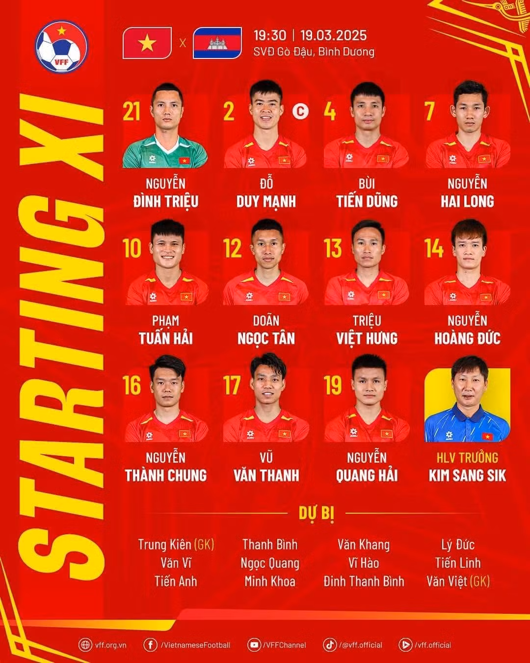 Danh sách cầu thủ của tuyển Việt Nam ở trận đầu tiên sau chức vô địch ASEAN Cup. Ảnh: VFF.