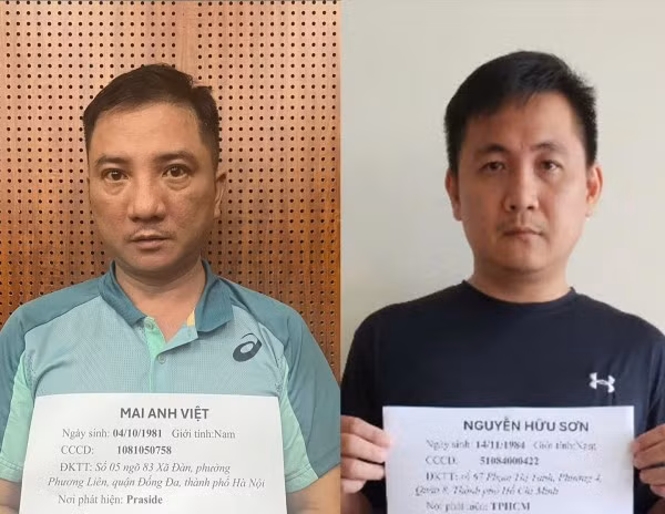 Đối tượng Mai Anh Việt và Nguyễn Hữu Sơn tại cơ quan Công an.