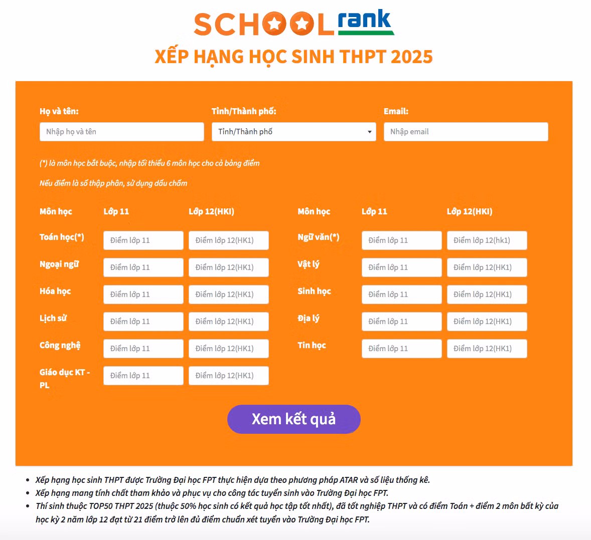 Giao diện của công cụ xếp hạng SchoolRank năm 2025. Ảnh: Chụp màn hình
