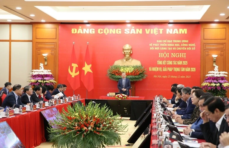 Tổng Bí thư Tô Lâm phát biểu tại Hội nghị tổng kết công tác năm 2025 và nhiệm vụ, giải pháp trọng tâm năm 2026 của Ban Chỉ đạo Trung ương về phát triển khoa học, công nghệ, đổi mới sáng tạo và chuyển đổi số.