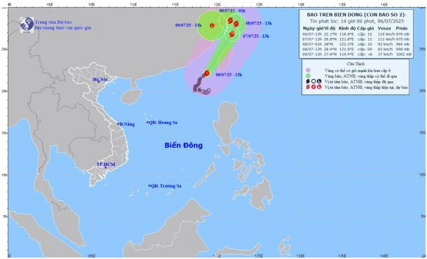 Bản đồ dự báo quỹ đạo và cường độ bão số 2 lúc 14 giờ ngày 6/7/2025.