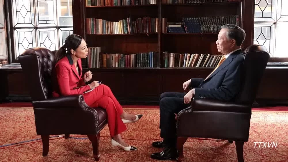 Tổng Bí thư, Chủ tịch nước Tô Lâm trả lời phỏng vấn Bloomberg. (Ảnh: Thanh Tuấn/Phóng viên TTXVN tại Mỹ)