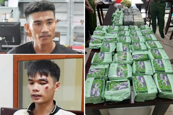 Hà Văn Thìn (ảnh trên, đối tượng cầm đầu đường dây vận chuyển trái phép chất ma túy), Vi Thanh Tú và 60 bánh heroin bị thu giữ.