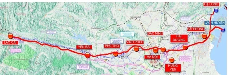 Hướng tuyến dự án đường sắt Lào Cai - Hà Nội - Hải Phòng.