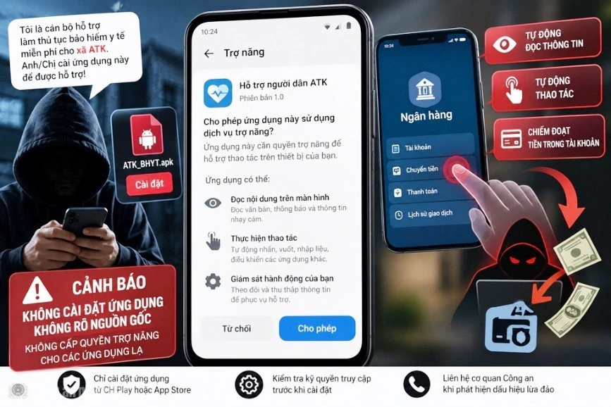 Người dân cần cảnh giác với các phần mềm độc hại yêu cầu quyền trợ năng để tự động thao tác, đánh cắp tiền trong tài khoản ngân hàng.