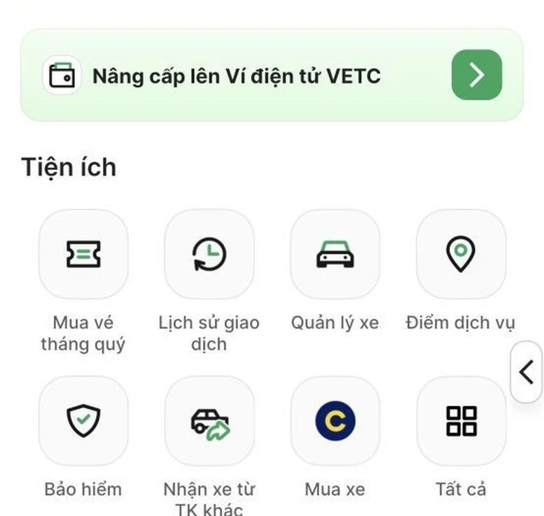 Để nâng cấp lên tài khoản giao thông, chủ xe chỉ cần nâng cấp từ tài khoản thu phí lên ví điện tử, xác nhận và sinh trắc học để hoàn thiện.