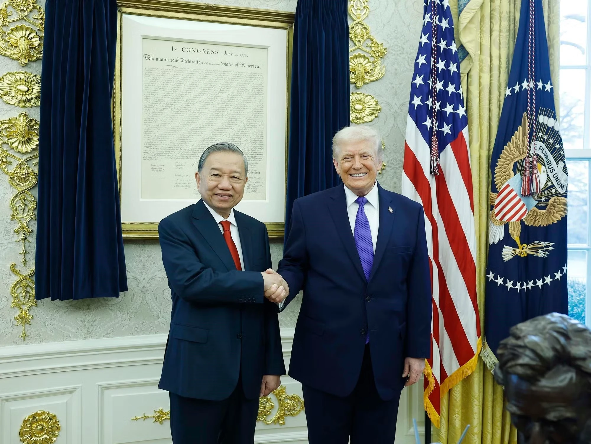 Tổng Bí thư Tô Lâm gặp Tổng thống Hoa Kỳ Donald Trump nhân chuyến tham dự cuộc họp khai mạc Hội đồng Hòa bình về Gaza tại Hoa Kỳ, ngày 20/2/2026. Ảnh: Thống Nhất/TTXVN.