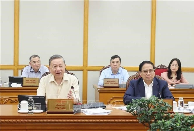 Tổng Bí thư Tô Lâm, Thủ tướng Phạm Minh Chính và các đại biểu dự hội nghị.
