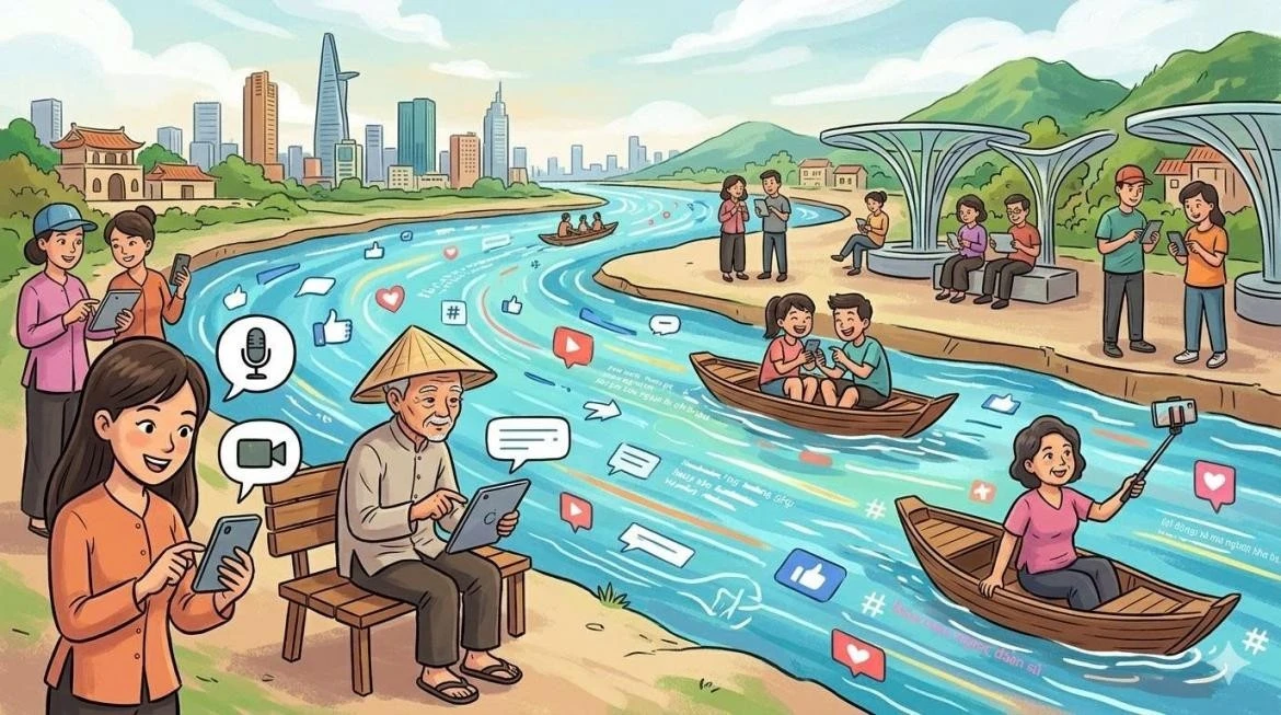 Mạng xã hội đã mở rộng không gian tự do ngôn luận theo cách chưa từng có. Ảnh được tạo bởi Gemini AI