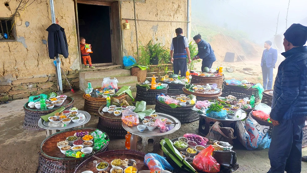 Ngày Tết tháng 2, mỗi gia đình sẽ mang mâm lễ vật kèm hoa tươi đến nhà trưởng bản để chuẩn bị tổ chức lễ cúng. Mỗi mâm lễ gồm có nhiều món ăn do bà con tự sản xuất: Thịt lợn, thịt gà, lạc, bí ngô, khoai sọ, bánh giày nhồi lòng lợn, hoa quả, bánh kẹo… Đặc biệt, có những quả trứng được nhuộm màu xanh, đỏ để làm quà. Tết tháng 2 của thôn Lao Chải, xã Trịnh Tường có hơn 20 hộ tham gia, khi lễ vật đã đầy đủ, hai thầy cúng làm lễ cúng chung. Thầy cúng lấy ở mỗi mâm một chút lễ vật bỏ vào mâm cỗ chung của thôn dâng lên các vị thần linh: Thần rừng, thần thổ địa… Rót rượu dâng thần linh là một nghi thức quan trọng trong lễ cúng Dư Dò Dò. Hai thầy cúng làm lễ trước bàn thờ chung cầu cho dân làng khỏe mạnh, cuộc sống ấm no. Đại diện các gia đình bái lạy thần linh. Mọi người cùng nhau liên hoan, chúc nhau những lời chúc tốt đẹp nhất trong năm mới. Tết Dư Dò Dò là ngày hội vui cũng là một trong số ít nghi lễ mà phụ nữ và trẻ em Hà Nhì được tham gia, liên hoan. Các mâm cơm của phụ nữ được đặt ở trong nhà trưởng bản. Những quả trứng màu được các gia đình tặng nhau, tặng cho trẻ em thể hiện sự quan tâm và tình cảm gắn bó. Phụ nữ Hà Nhì chia bánh kẹo cho các vị khách đến chung vui trong ngày Tết tháng 2.