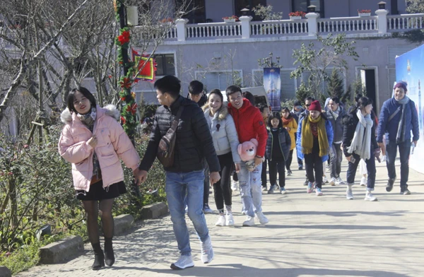 Rất đông du khách đến Fansipan ngắm băng tuyết.