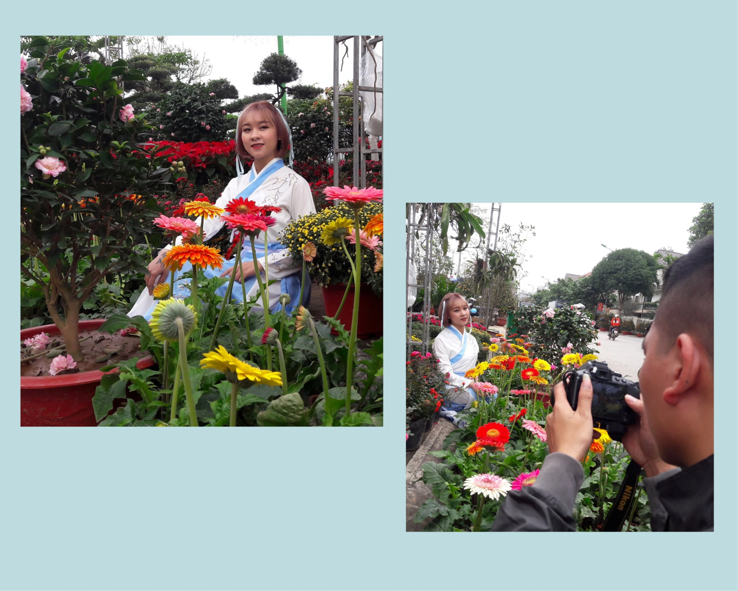 Bạn trẻ chụp ảnh kỷ niệm tại chợ hoa xuân thành phố Lào Cai.