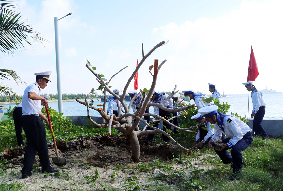 Cán bộ, chiến sỹ đảo Sinh Tồn trồng cây xanh, chỉnh trang doanh trại chuẩn bị đón xuân mới. Thực hiện nghi lễ thượng cờ Tổ quốc.