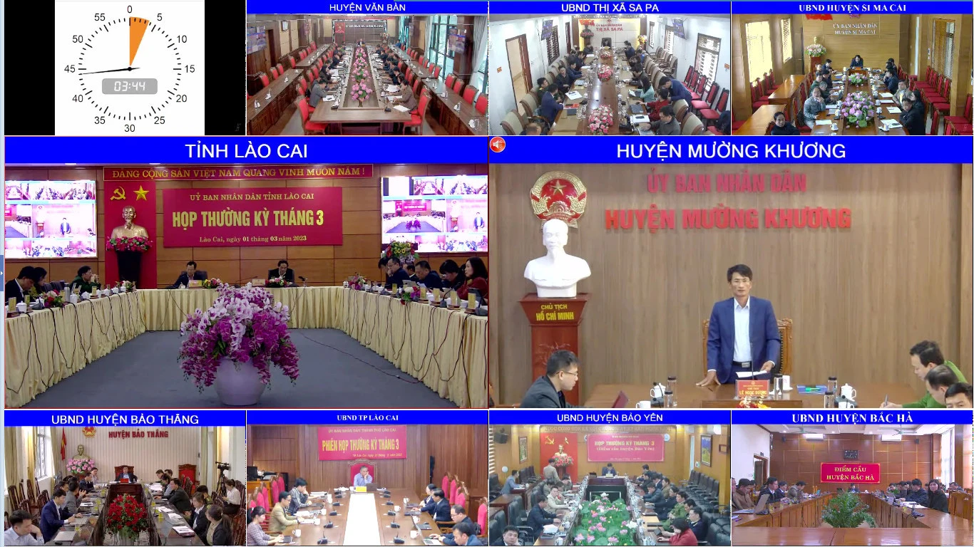 Các huyện, thị xã, thành phố dự họp qua truyền hình trực tuyến.