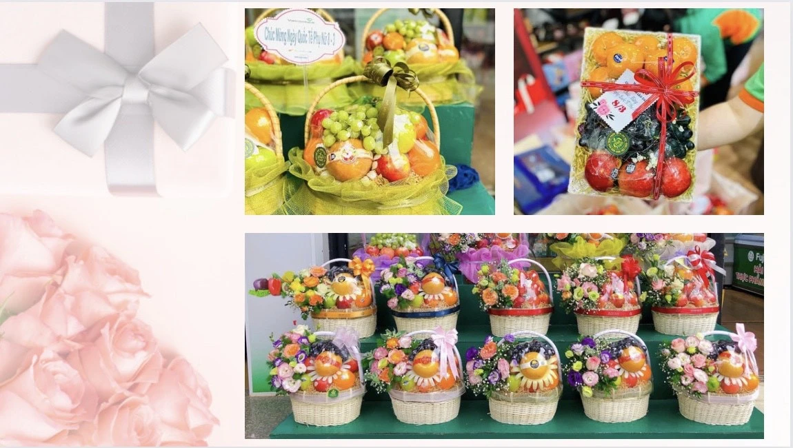 Các loại quả như: lê, dưa lưới, táo, cam, nho... được đóng thành giỏ quà, trang trí kèm hoa và phụ kiện vừa thiết thực, vừa đảm bảo tính thẩm mỹ.